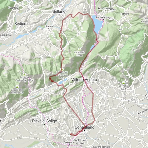 Kartminiatyr av "Grus Sykkeltur fra Belvedere til Vittorio Veneto via Sella di Fadalto" sykkelinspirasjon i Veneto, Italy. Generert av Tarmacs.app sykkelrutoplanlegger