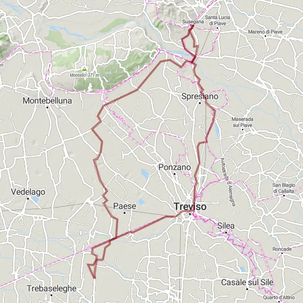 Miniatura della mappa di ispirazione al ciclismo "Percorso in bicicletta da Susegana a Spresiano" nella regione di Veneto, Italy. Generata da Tarmacs.app, pianificatore di rotte ciclistiche