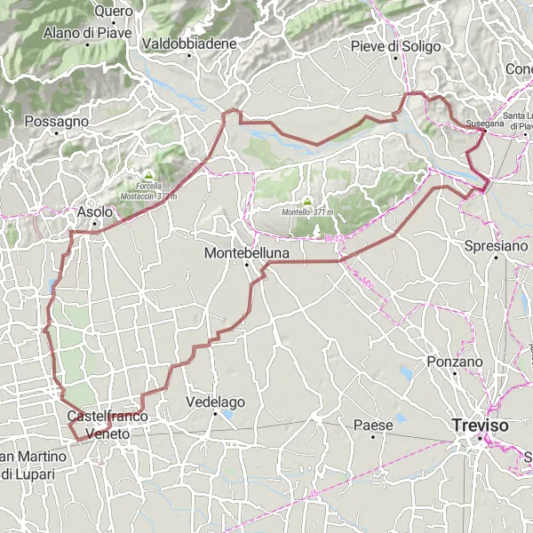 Kartminiatyr av "Utmanande Grusväg till Susegana" cykelinspiration i Veneto, Italy. Genererad av Tarmacs.app cykelruttplanerare