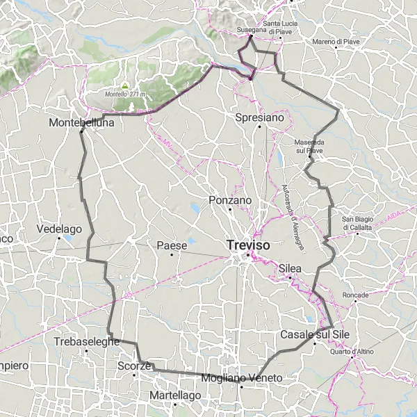Miniatua del mapa de inspiración ciclista "Recorrido en bicicleta por el campo veneciano desde Susegana" en Veneto, Italy. Generado por Tarmacs.app planificador de rutas ciclistas