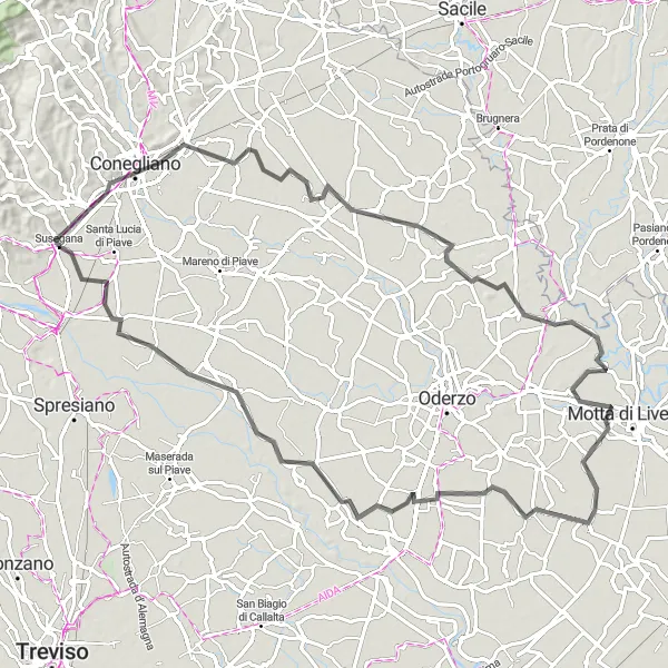 Mapa miniatúra "Okruhová cyklistická trasa od Susegany" cyklistická inšpirácia v Veneto, Italy. Vygenerované cyklistickým plánovačom trás Tarmacs.app