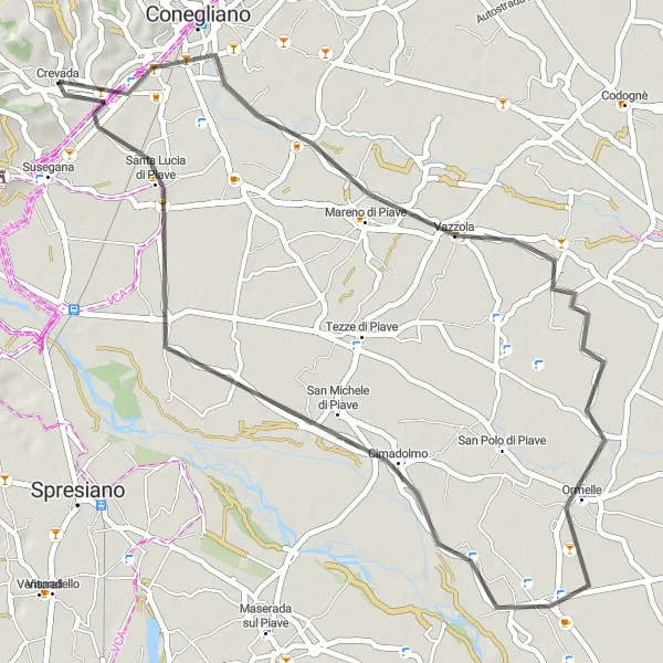 Miniatura della mappa di ispirazione al ciclismo "Giro ciclistico tra Mareno di Piave e Santa Lucia di Piave" nella regione di Veneto, Italy. Generata da Tarmacs.app, pianificatore di rotte ciclistiche