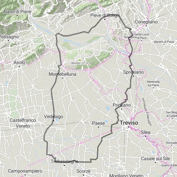 Miniature de la carte de l'inspiration cycliste "Le Tour de la Colline du Prosecco" dans la Veneto, Italy. Générée par le planificateur d'itinéraire cycliste Tarmacs.app