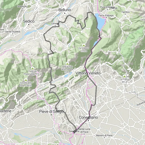 Miniature de la carte de l'inspiration cycliste "Défi de Susegana à Conegliano" dans la Veneto, Italy. Générée par le planificateur d'itinéraire cycliste Tarmacs.app