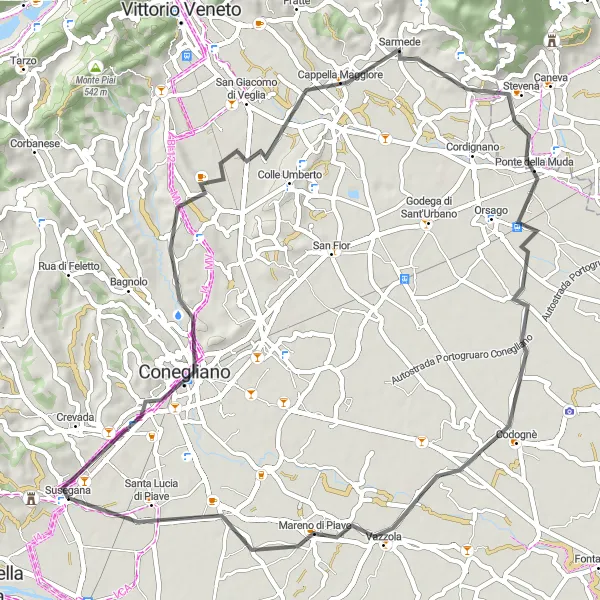 Miniature de la carte de l'inspiration cycliste "Détour par Mareno di Piave et Sarmede" dans la Veneto, Italy. Générée par le planificateur d'itinéraire cycliste Tarmacs.app