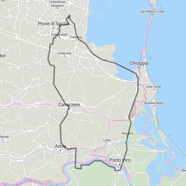 Miniatua del mapa de inspiración ciclista "Ruta en carretera a Porto Viro" en Veneto, Italy. Generado por Tarmacs.app planificador de rutas ciclistas