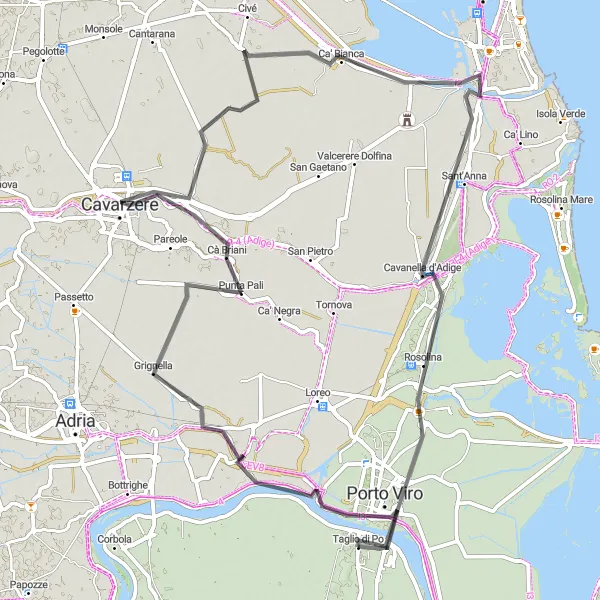 Zemljevid v pomanjšavi "Cikel turneja Porto Viro - Taglio di Po" kolesarske inspiracije v Veneto, Italy. Generirano z načrtovalcem kolesarskih poti Tarmacs.app