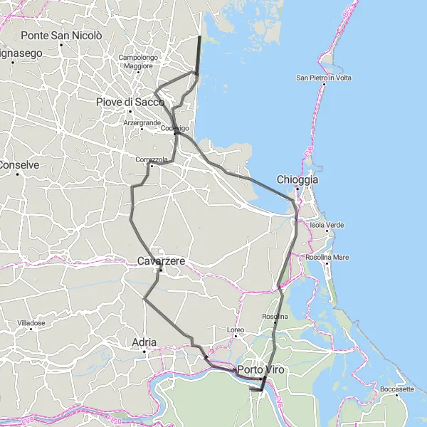 Mapa miniatúra "Cyklistická trasa cez Porto Viro a Rosolina" cyklistická inšpirácia v Veneto, Italy. Vygenerované cyklistickým plánovačom trás Tarmacs.app