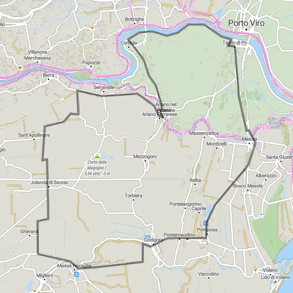 Miniatua del mapa de inspiración ciclista "Ruta en Bicicleta por Corbola" en Veneto, Italy. Generado por Tarmacs.app planificador de rutas ciclistas