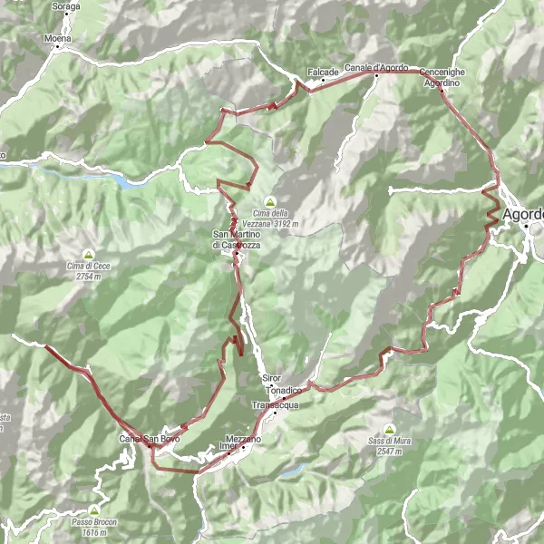 Miniatua del mapa de inspiración ciclista "Ruta de grava a San Martino di Castrozza" en Veneto, Italy. Generado por Tarmacs.app planificador de rutas ciclistas