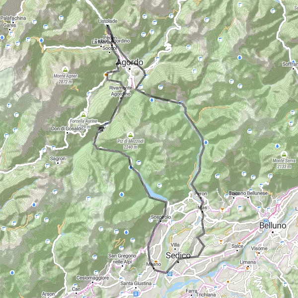 Map miniature of "The Agordino Passes" cycling inspiration in Veneto, Italy. Generated by Tarmacs.app cycling route planner