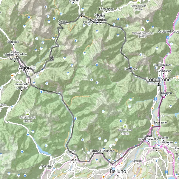 Zemljevid v pomanjšavi "Kolesarska pot skozi čudovite vasi Agordina" kolesarske inspiracije v Veneto, Italy. Generirano z načrtovalcem kolesarskih poti Tarmacs.app