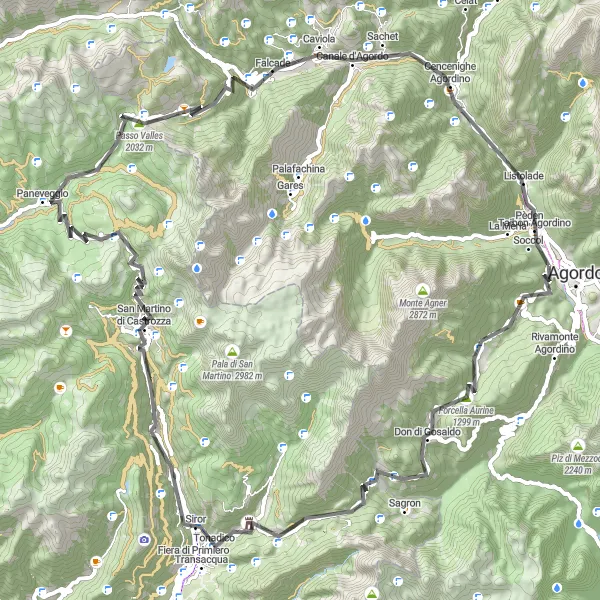 Karttaminiaatyyri "Maantiepyöräilyreitti kohti Forcella Aurine, Passo Cereda ja Falcade" pyöräilyinspiraatiosta alueella Veneto, Italy. Luotu Tarmacs.app pyöräilyreittisuunnittelijalla