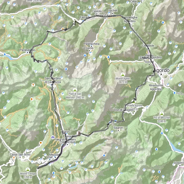 Kartminiatyr av "Taibon Agordino - Còl Martinèl Road Route" cykelinspiration i Veneto, Italy. Genererad av Tarmacs.app cykelruttplanerare