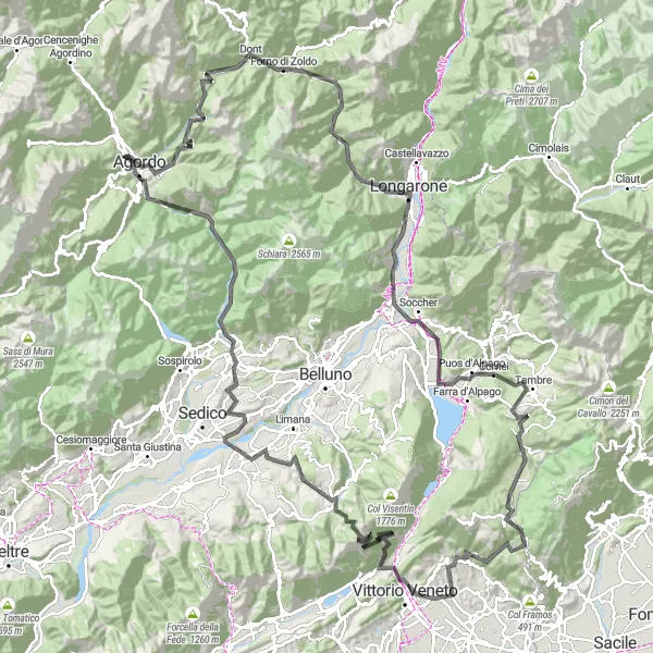 Map miniature of "La Valle Agordina Epic Road Cycling Adventure" cycling inspiration in Veneto, Italy. Generated by Tarmacs.app cycling route planner