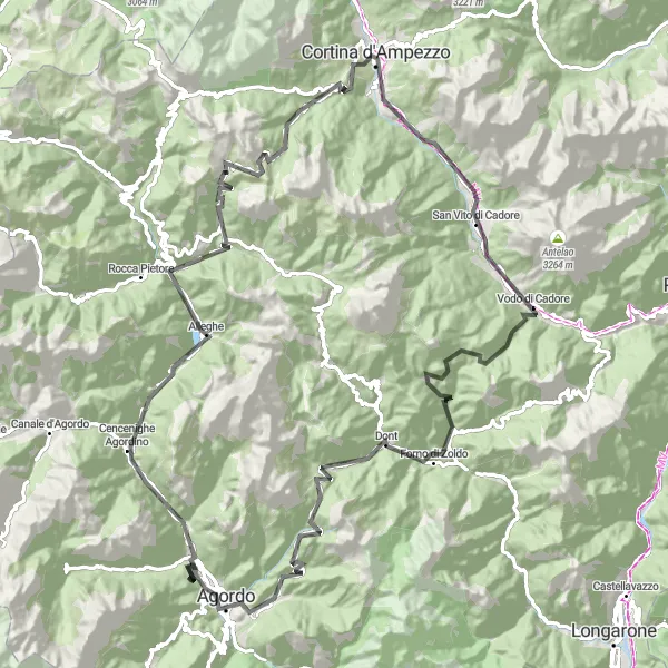 Mapa miniatúra "Náročná cyklotrasa cez Dolomity" cyklistická inšpirácia v Veneto, Italy. Vygenerované cyklistickým plánovačom trás Tarmacs.app