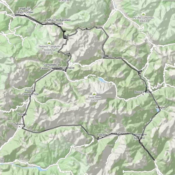 Karttaminiaatyyri "Vuorten ympäri Canale d'Agordossa" pyöräilyinspiraatiosta alueella Veneto, Italy. Luotu Tarmacs.app pyöräilyreittisuunnittelijalla