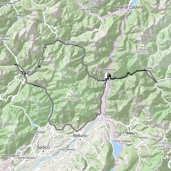 Kartminiatyr av "Rundtur fra Taibon Agordino gjennom Dolomittene" sykkelinspirasjon i Veneto, Italy. Generert av Tarmacs.app sykkelrutoplanlegger
