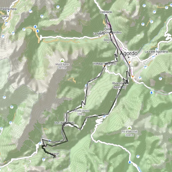 Miniaturekort af cykelinspirationen "Sagnomspundne stigninger i Agordodalen" i Veneto, Italy. Genereret af Tarmacs.app cykelruteplanlægger