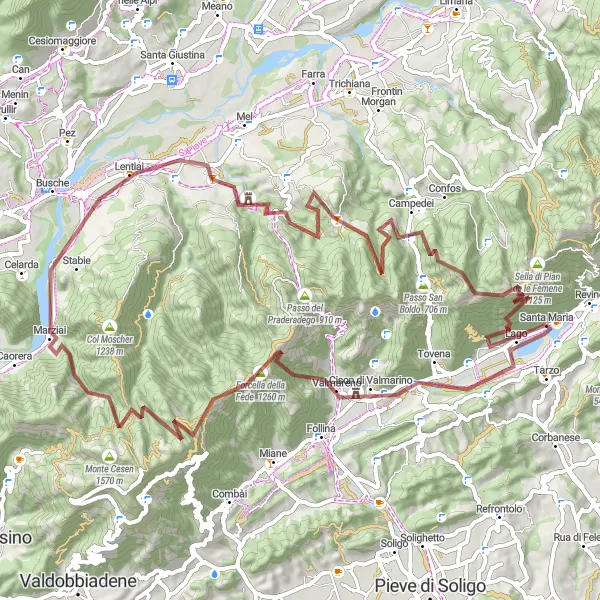 Miniaturní mapa "Výzva k Monte Agnellezze" inspirace pro cyklisty v oblasti Veneto, Italy. Vytvořeno pomocí plánovače tras Tarmacs.app