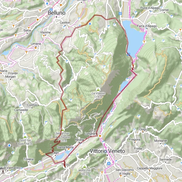 Map miniature of "Gravel Adventure to Tarzo" cycling inspiration in Veneto, Italy. Generated by Tarmacs.app cycling route planner