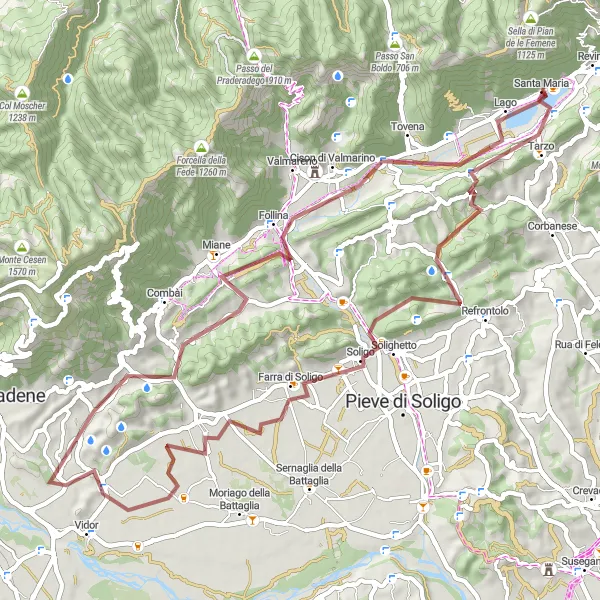 Miniatuurkaart van de fietsinspiratie "Gravelroute vanuit Tarzo" in Veneto, Italy. Gemaakt door de Tarmacs.app fietsrouteplanner