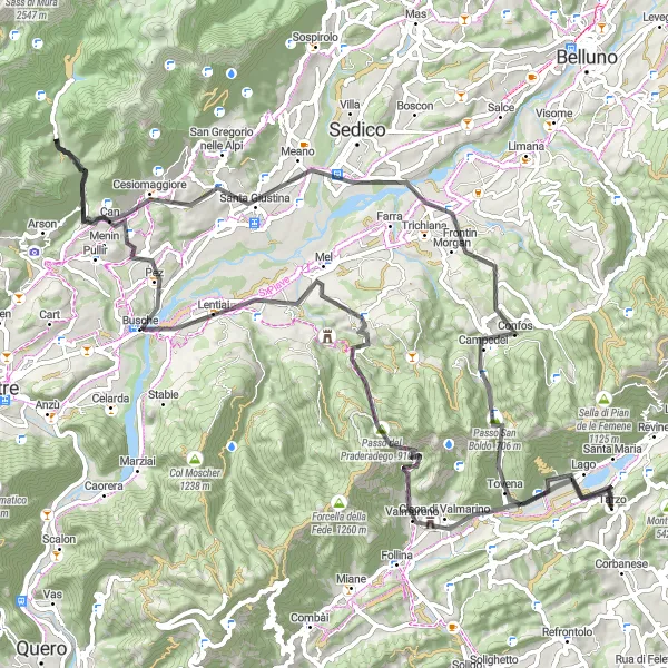 Map miniature of "Tarzo and the Col de Moi" cycling inspiration in Veneto, Italy. Generated by Tarmacs.app cycling route planner