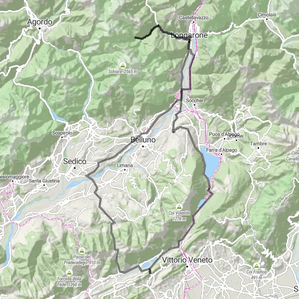 Mapa miniatúra "Náročný okruh: Dolomity a Sella di Fadalto" cyklistická inšpirácia v Veneto, Italy. Vygenerované cyklistickým plánovačom trás Tarmacs.app