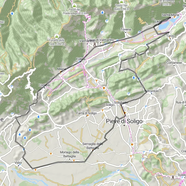 Miniature de la carte de l'inspiration cycliste "Tour du Lac et des Collines" dans la Veneto, Italy. Générée par le planificateur d'itinéraire cycliste Tarmacs.app
