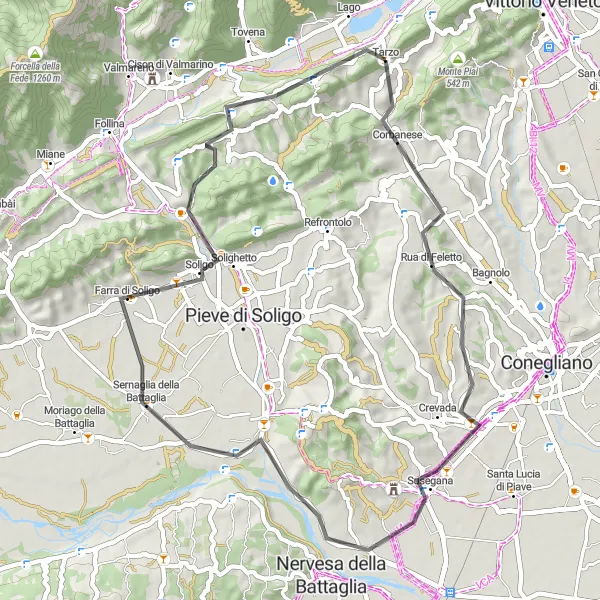 Zemljevid v pomanjšavi "Kolesarjenje od Tarza do Monta Ville" kolesarske inspiracije v Veneto, Italy. Generirano z načrtovalcem kolesarskih poti Tarmacs.app