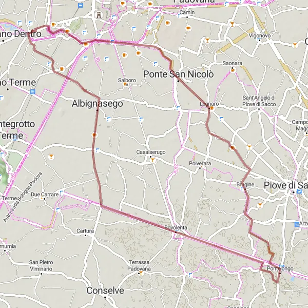 Miniature de la carte de l'inspiration cycliste "Les Chemins de Ponte San Nicolò" dans la Veneto, Italy. Générée par le planificateur d'itinéraire cycliste Tarmacs.app