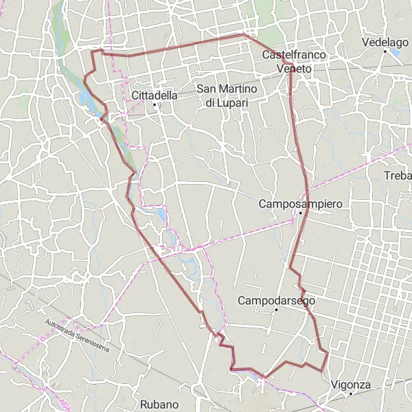 Kartminiatyr av "Grusvei fra Castelfranco Veneto til Piazzola sul Brenta" sykkelinspirasjon i Veneto, Italy. Generert av Tarmacs.app sykkelrutoplanlegger