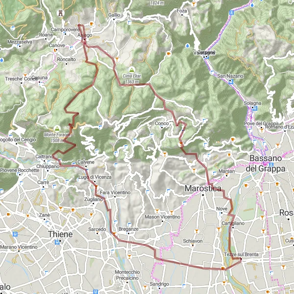 Miniatuurkaart van de fietsinspiratie "Breganze - Asiago - Marostica" in Veneto, Italy. Gemaakt door de Tarmacs.app fietsrouteplanner