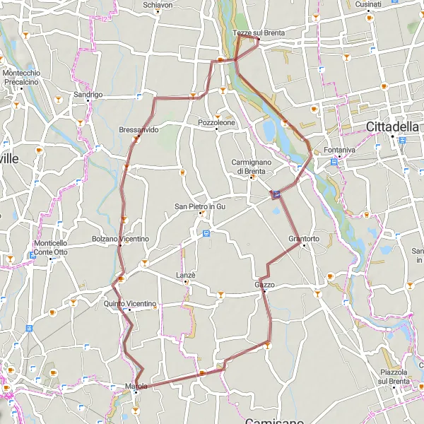 Miniatura mapy "Trasa Gravel Grantorto - Tezze" - trasy rowerowej w Veneto, Italy. Wygenerowane przez planer tras rowerowych Tarmacs.app