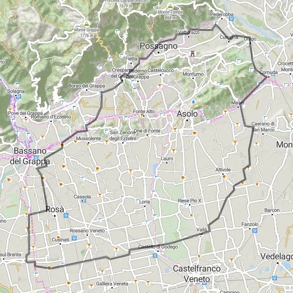 Kartminiatyr av "Utforsk Col Roigo Road Cycling Eventyr" sykkelinspirasjon i Veneto, Italy. Generert av Tarmacs.app sykkelrutoplanlegger