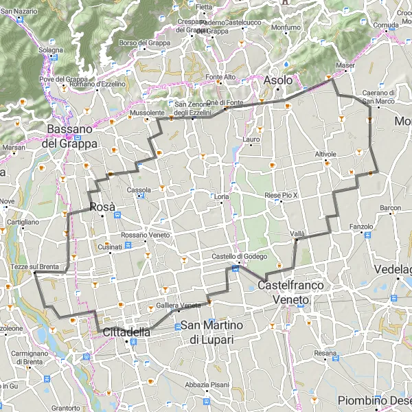 Karten-Miniaturansicht der Radinspiration "Rosà-Cittadella Rundkurs" in Veneto, Italy. Erstellt vom Tarmacs.app-Routenplaner für Radtouren
