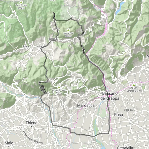 Miniatuurkaart van de fietsinspiratie "Tezze sul Brenta - Gallio - Solagna - Travettore" in Veneto, Italy. Gemaakt door de Tarmacs.app fietsrouteplanner