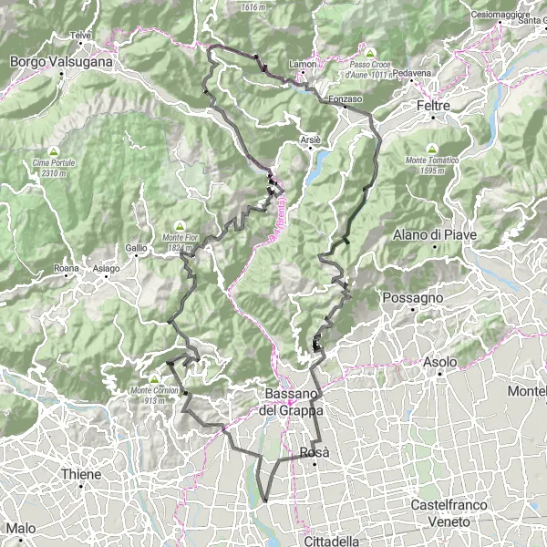 Miniature de la carte de l'inspiration cycliste "Défi épique des montagnes près de Tezze" dans la Veneto, Italy. Générée par le planificateur d'itinéraire cycliste Tarmacs.app