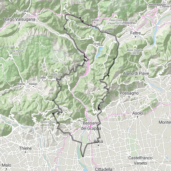 Miniatuurkaart van de fietsinspiratie "Uitdagende wegrit naar Rosà" in Veneto, Italy. Gemaakt door de Tarmacs.app fietsrouteplanner