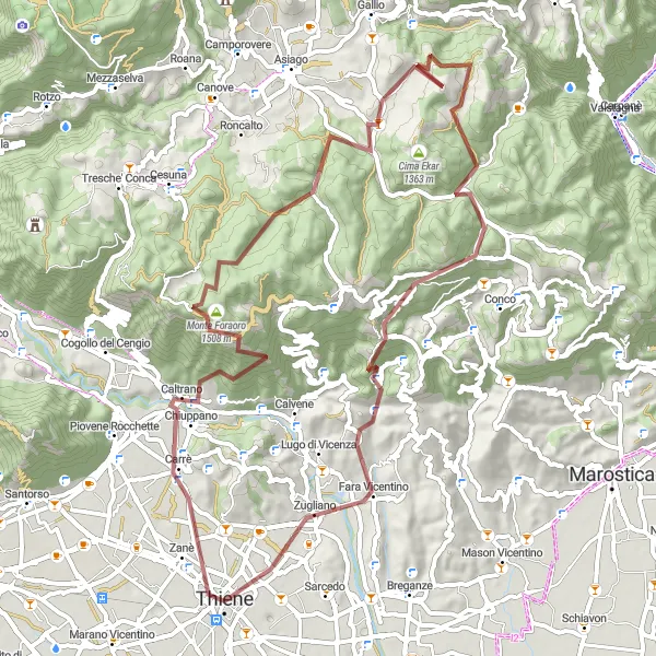 Miniatuurkaart van de fietsinspiratie "Gravelroute rond Thiene Via Monte Tena" in Veneto, Italy. Gemaakt door de Tarmacs.app fietsrouteplanner