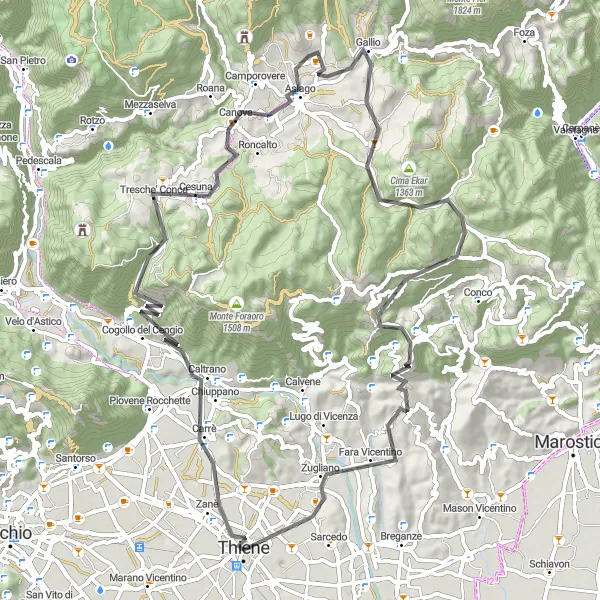 Karttaminiaatyyri "Thiene - Monte Zavagnin" pyöräilyinspiraatiosta alueella Veneto, Italy. Luotu Tarmacs.app pyöräilyreittisuunnittelijalla