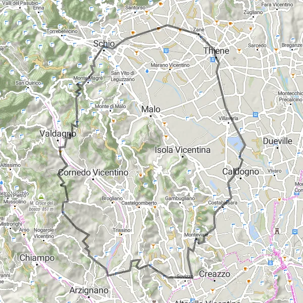 Miniatura della mappa di ispirazione al ciclismo "Giro in bici da Thiene a Valdagno" nella regione di Veneto, Italy. Generata da Tarmacs.app, pianificatore di rotte ciclistiche