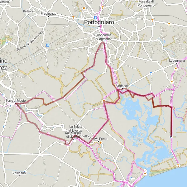 Miniaturní mapa "Gravel Route to Concordia Sagittaria and Boccafossa" inspirace pro cyklisty v oblasti Veneto, Italy. Vytvořeno pomocí plánovače tras Tarmacs.app