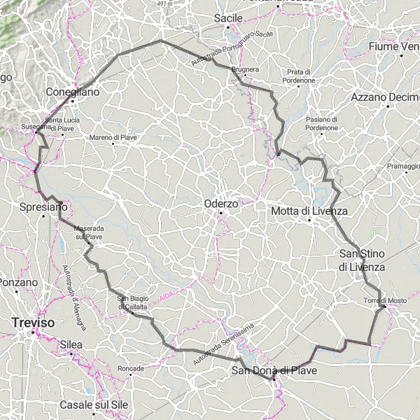 Zemljevid v pomanjšavi "Cestna Pot Musile di Piave" kolesarske inspiracije v Veneto, Italy. Generirano z načrtovalcem kolesarskih poti Tarmacs.app