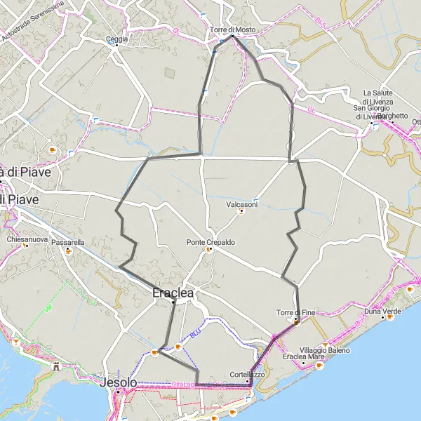 Mapa miniatúra "Cyklistická trasa cez Eraclea" cyklistická inšpirácia v Veneto, Italy. Vygenerované cyklistickým plánovačom trás Tarmacs.app