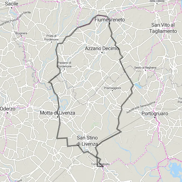 Miniatura della mappa di ispirazione al ciclismo "Cicloturismo tra Motta di Livenza e Biverone" nella regione di Veneto, Italy. Generata da Tarmacs.app, pianificatore di rotte ciclistiche