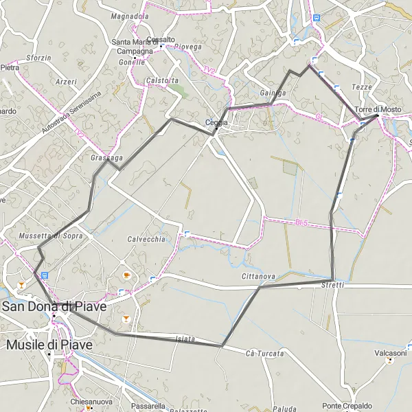 Mapa miniatúra "Cyklistická trasa cez Isiatu a Ceggia" cyklistická inšpirácia v Veneto, Italy. Vygenerované cyklistickým plánovačom trás Tarmacs.app