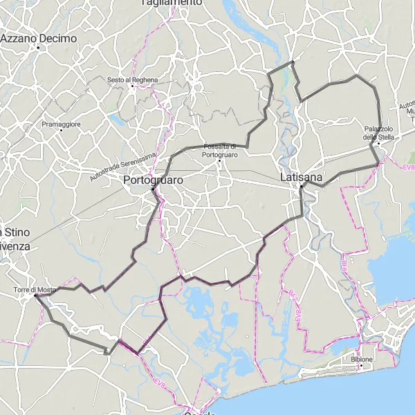 Miniaturní mapa "Road Route to Concordia Sagittaria, Teor and San Michele al Tagliamento" inspirace pro cyklisty v oblasti Veneto, Italy. Vytvořeno pomocí plánovače tras Tarmacs.app