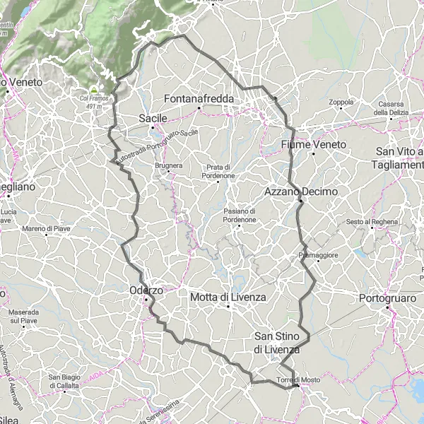 Miniatura mapy "Trasa przez Cessalto, Budoia i Torre di Mosto" - trasy rowerowej w Veneto, Italy. Wygenerowane przez planer tras rowerowych Tarmacs.app