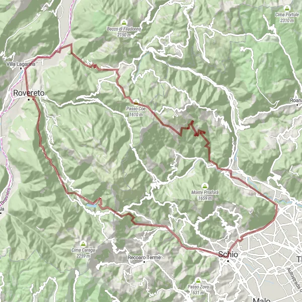 Map miniature of "Gravel Adventure from Torrebelvicino to Monte Castello" cycling inspiration in Veneto, Italy. Generated by Tarmacs.app cycling route planner